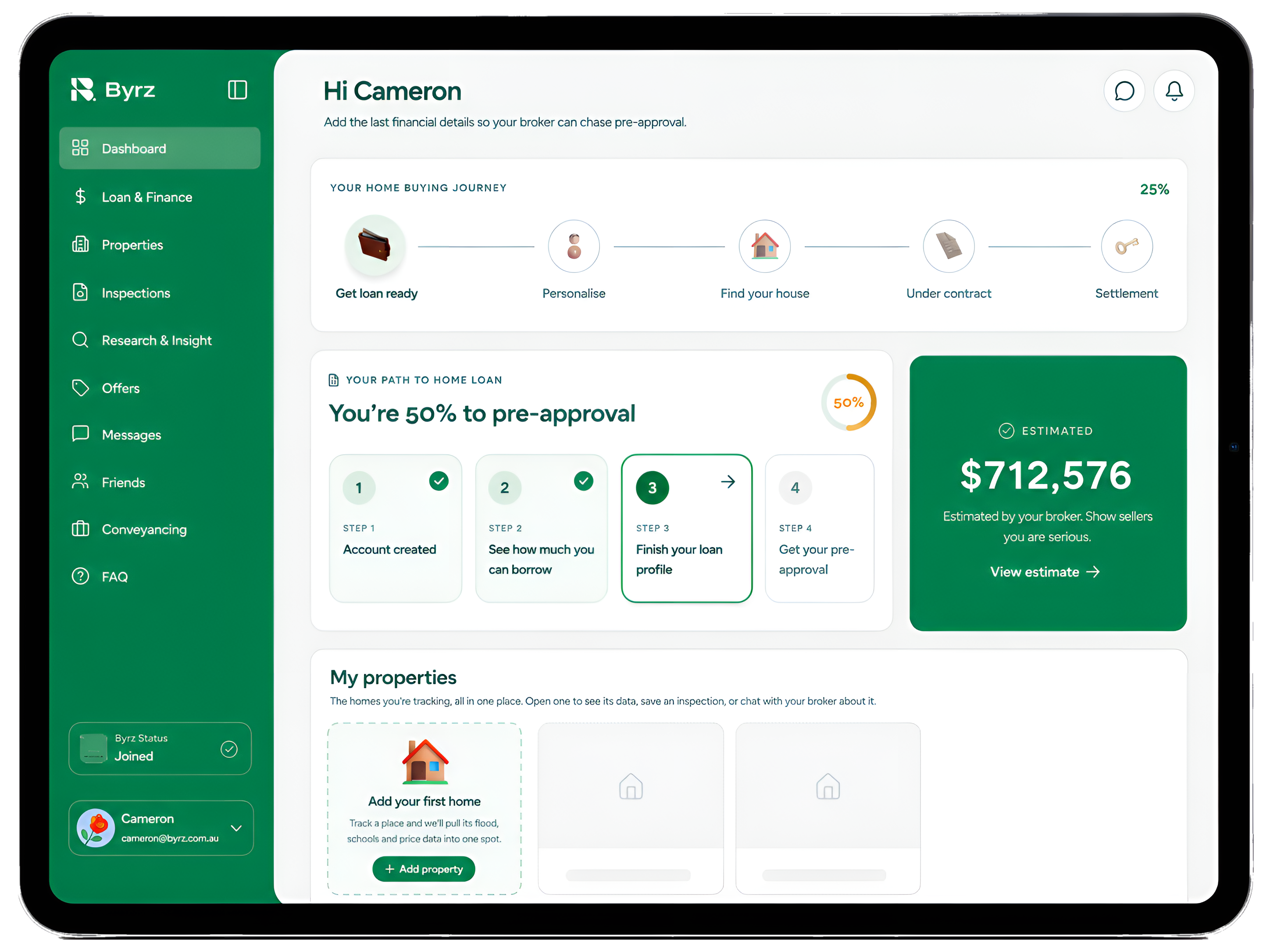 Byrz home buying dashboard on a tablet