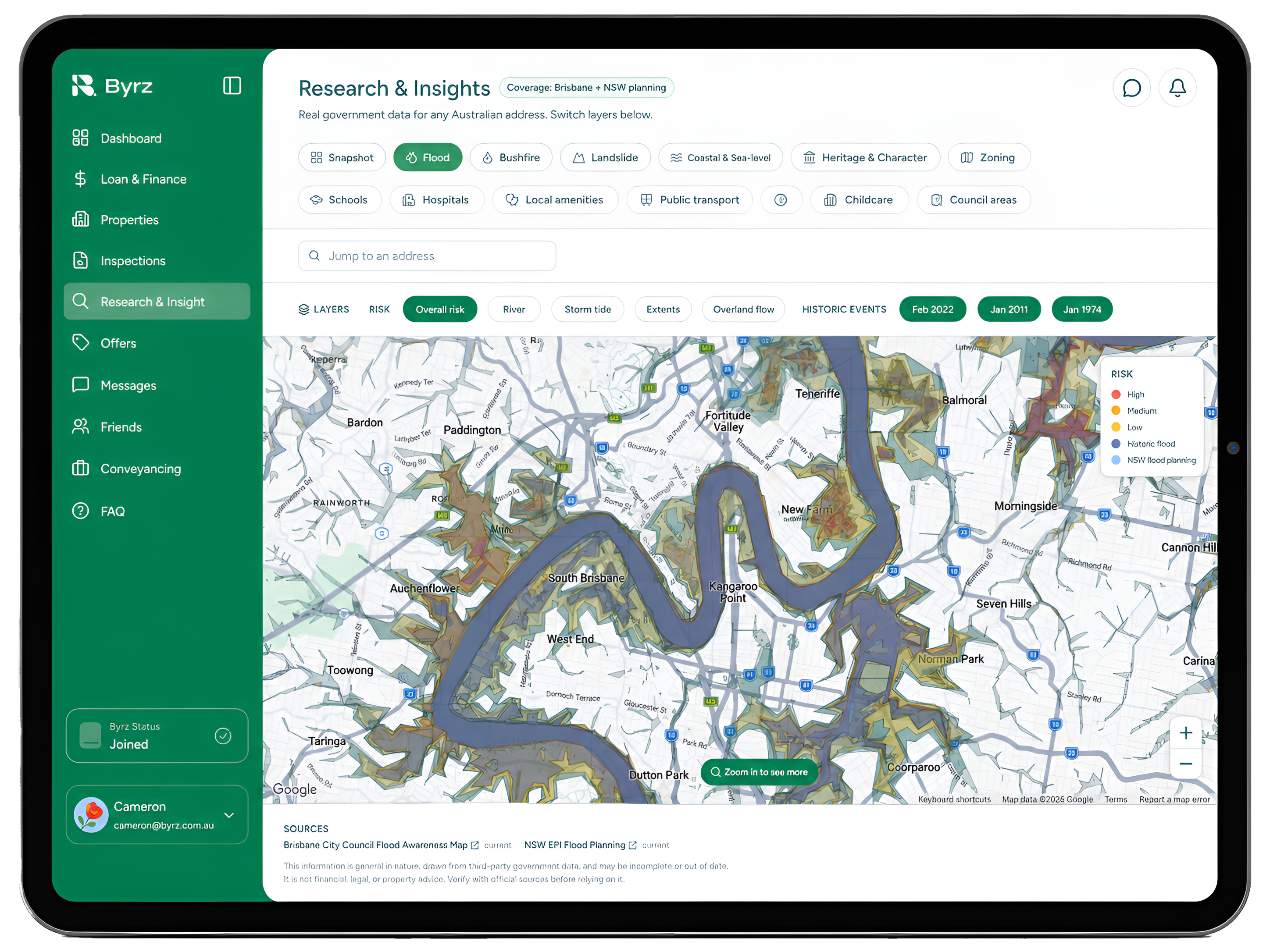 Byrz research and insights with government flood and planning data